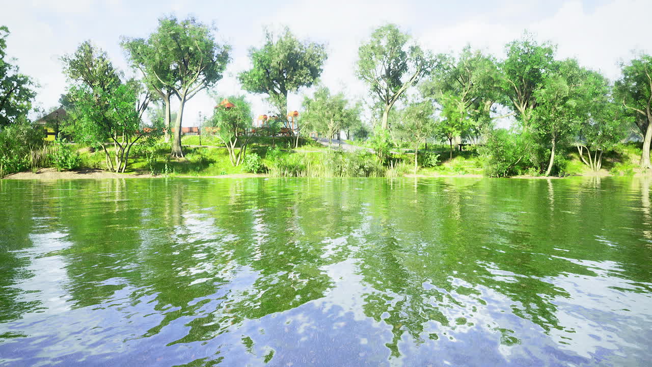 Serene riverside landscape reflecting lush greenery in bright daylight