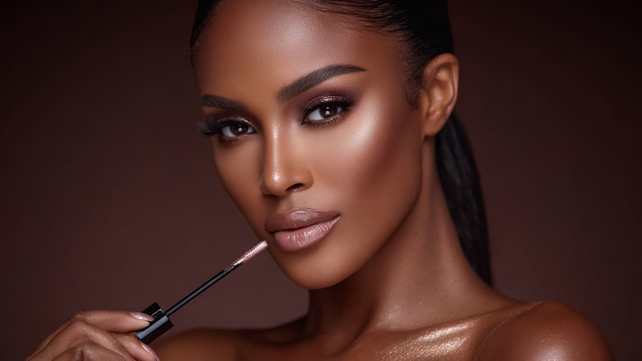 Captivating Beauty: A Stunning Close-Up of a Confident Woman Applying Lip Gloss with a Flawless Glow, Showcasing Elegance and Makeup Mastery in Soft Lighting
