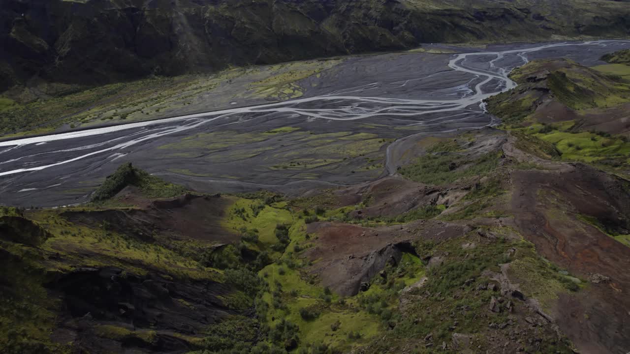Aerial View Over Icelandic Valley Landscape With View Of Braided River In Thorsmork. Dolly Forward Shot