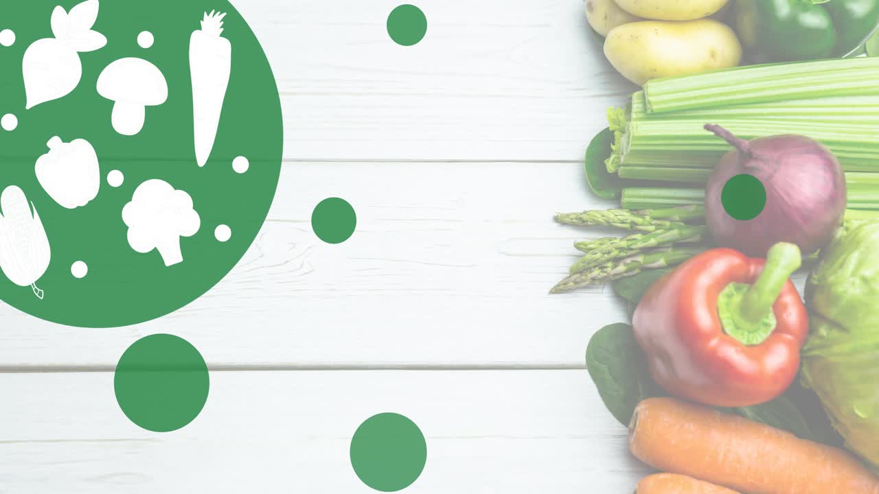 animación de formas vegetales en blanco en círculo verde, sobre verduras frescas en tableros blancos
