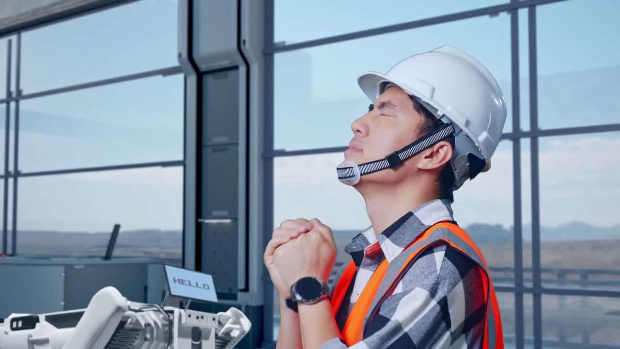 안전 헬을 입은 아시아 남성 엔지니어가 하이테크 공장에서 로 기계 개념을 분석하는 동안 무언가를 위해 기도합니다.