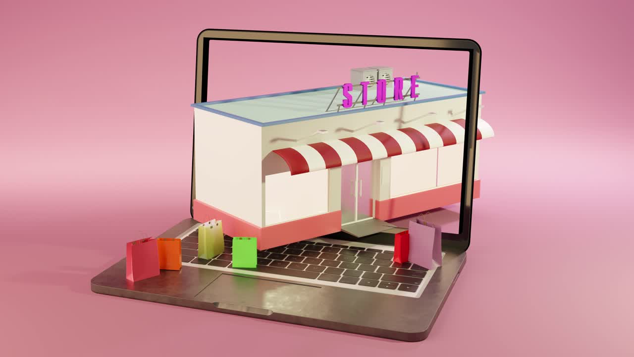 3d animation of open laptop with colorful shopping bags and store in modern studio