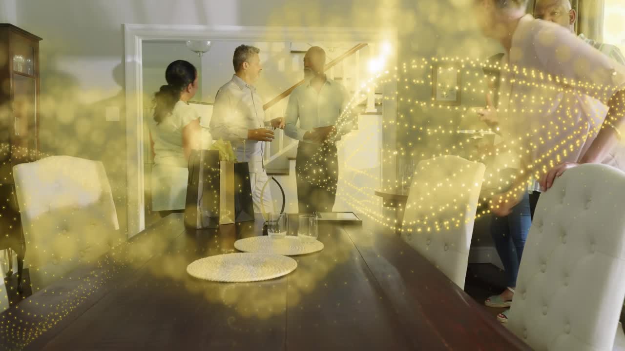 Guests at table, gift bag appearing, woman reaching, golden glow sweeping across group, events