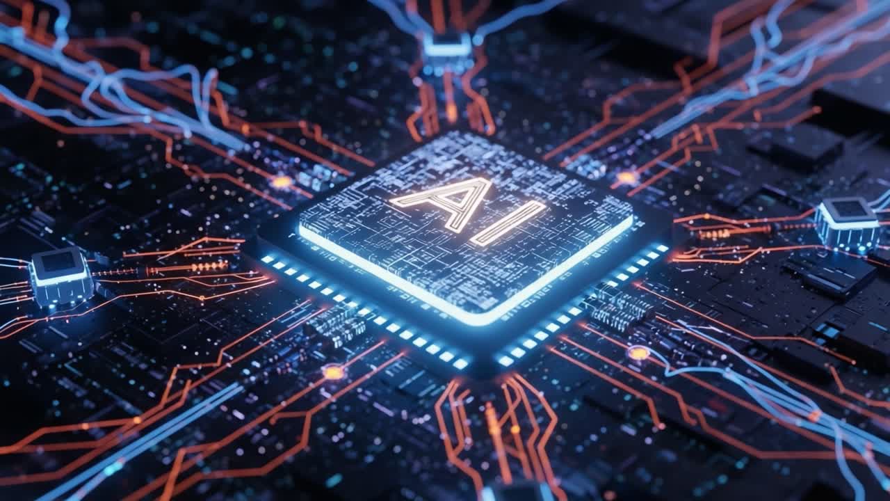 Visual Representation of Artificial Intelligence Technology Showcasing a Central Processor Connected by Neural Networks and Electrical Paths in a Modern Digital Landscape