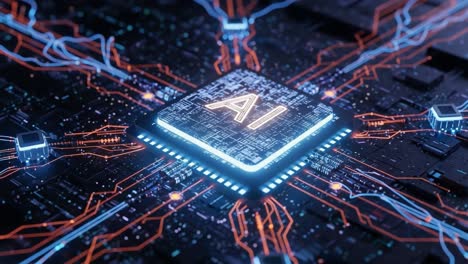visual representation of artificial intelligence technology showcasing a central processor connected by neural networks and electrical paths in a modern digital landscape