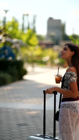 woman walking with a suitcase in a park