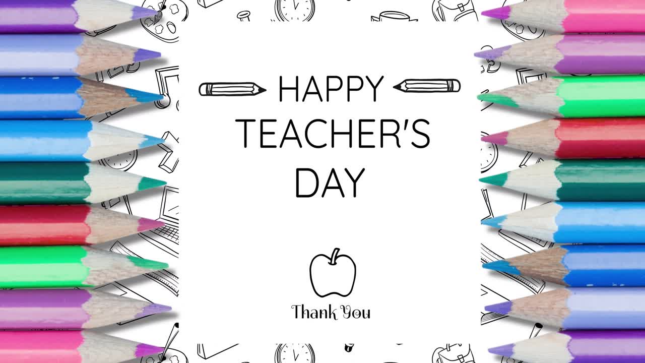 Animation of happy teachers day text over school items icons and pencils