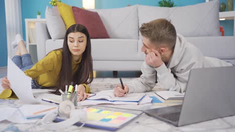una joven pareja feliz estudiando en casa. estudiantes universitarios.