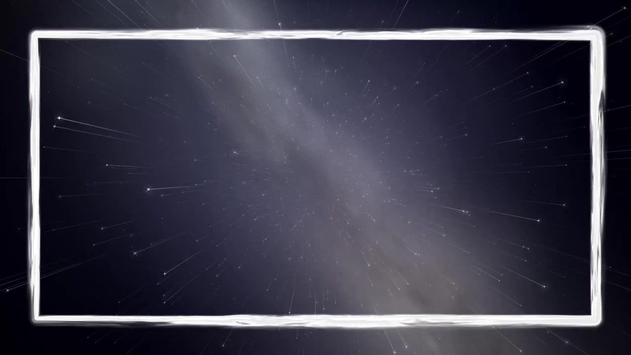 Stars drift forward through a dark nebula background framed by a glowing white rectangle.