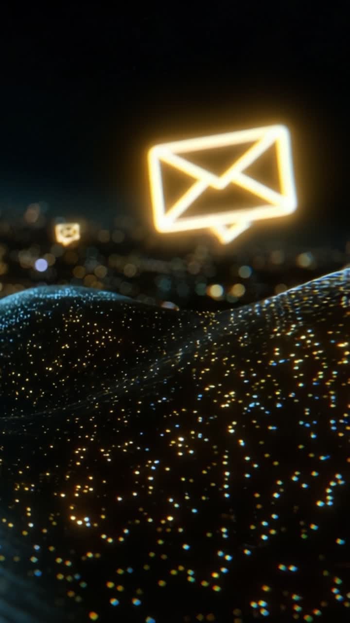Icone di buste illuminate che fluttuano sopra un paesaggio cosmico con particelle scintillanti in un'ambientazione di cielo notturno, creando un tema di comunicazione futuristico.