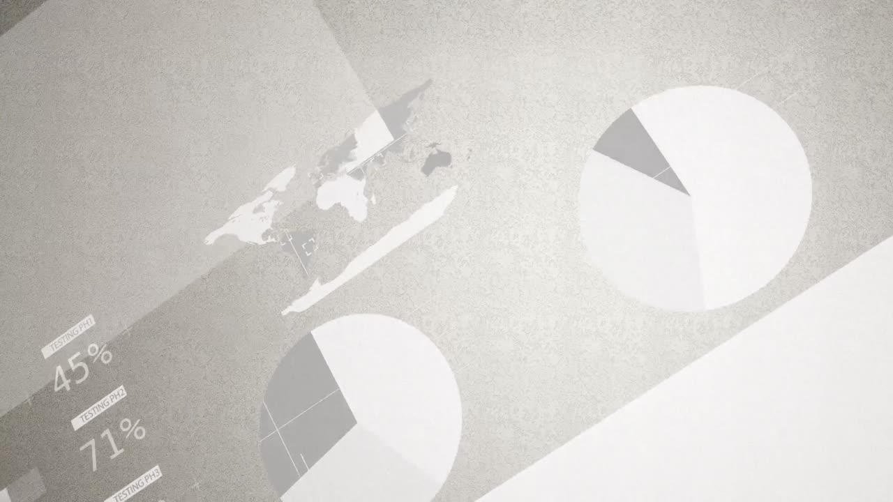 디지털 인터페이스에서 금융 데이터, 세계 지도, 바 그래프, 파이 차트 애니메이션