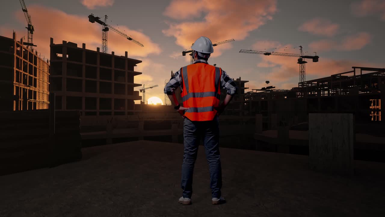 Full Body Back View Of A Male Engineer Wearing Safety Helmet Looking Around While Standing With Arms Akimbo At Building & Construction Site in Progress to New House