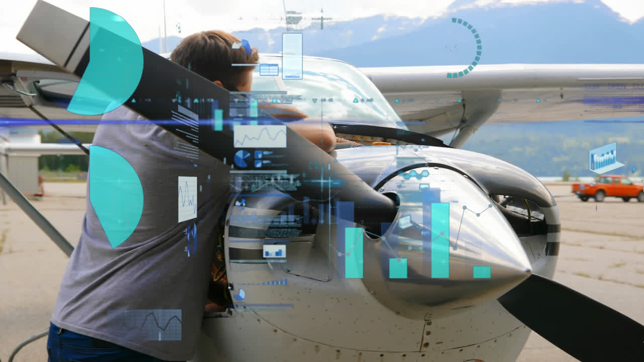 Animation of statistical data processing against male engineer repairing an airplane