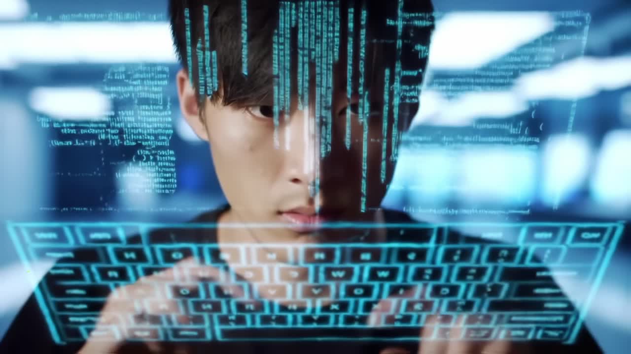 A Focused Programmer Analyzes Code: A Journey Through Cyber Space as He Engages with Complex Data on a Futuristic Transparent Keyboard Interface