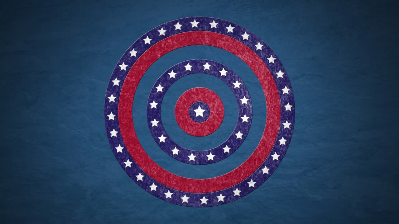 파란색 배경 위에 미국  ⁇ 발의 별과 줄무 ⁇ 로 회전하는 원의 애니메이션