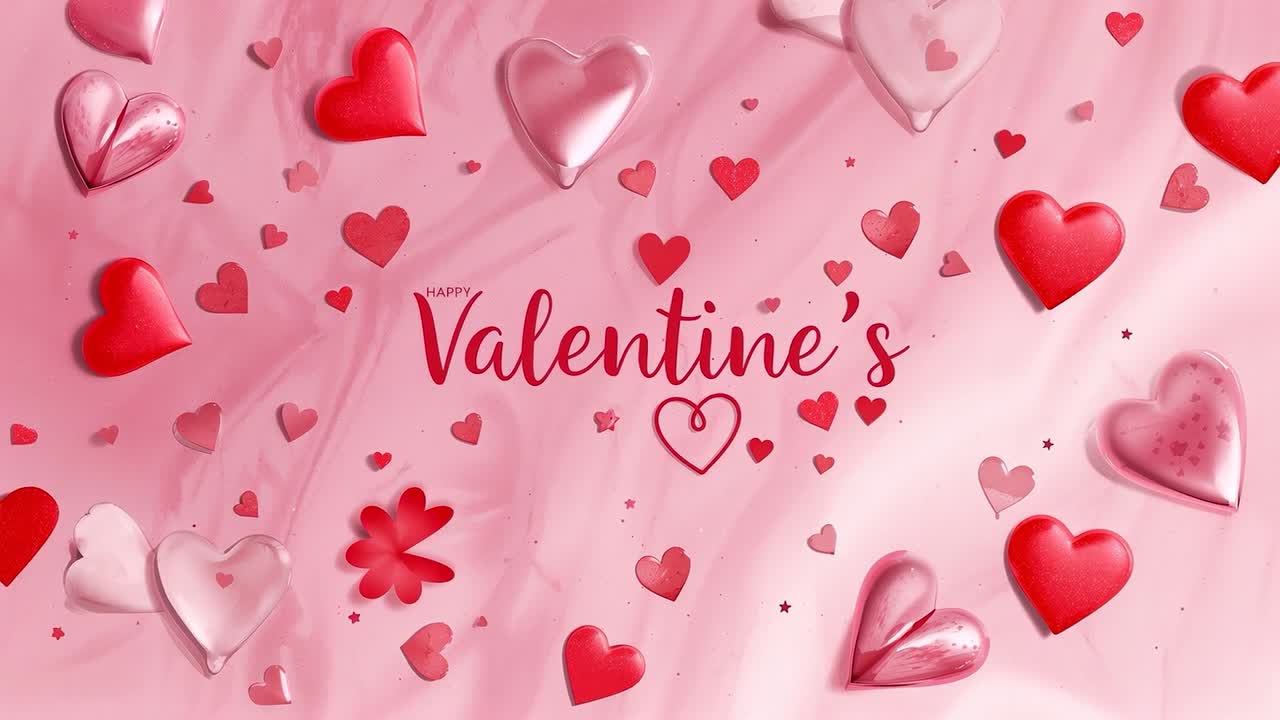 Opening centered Valentine's text on pink marble while hearts drifting, confetti shining for card
