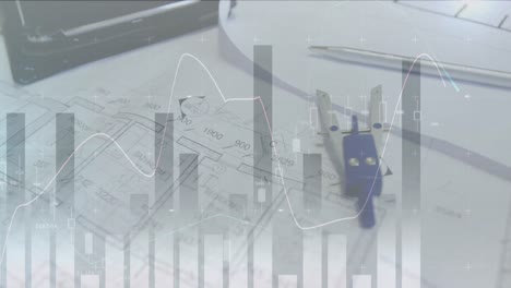 animation of statistics and financial data processing over architects plans and compass