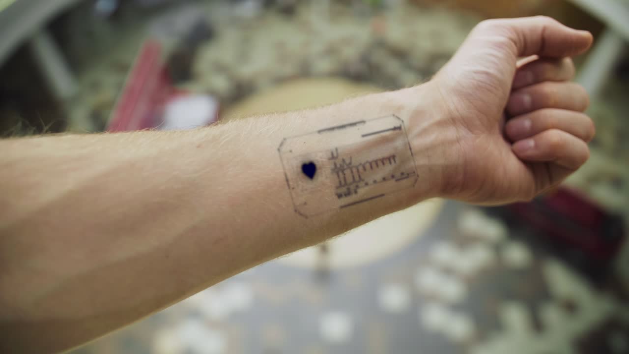 pantalla de latidos cardíacos futurista en la mano del hombre