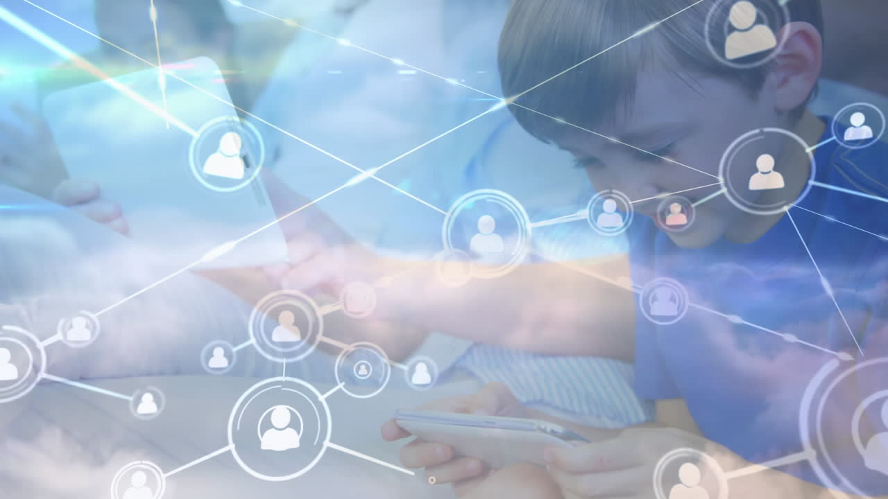 iconos de red de conexión contra la familia que utiliza dispositivos electrónicos