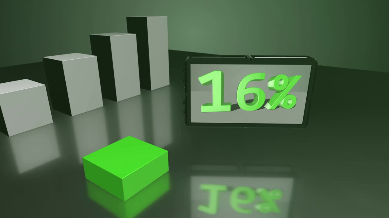 diagrama de barras 3d verde creciente con pantalla hasta el 47%