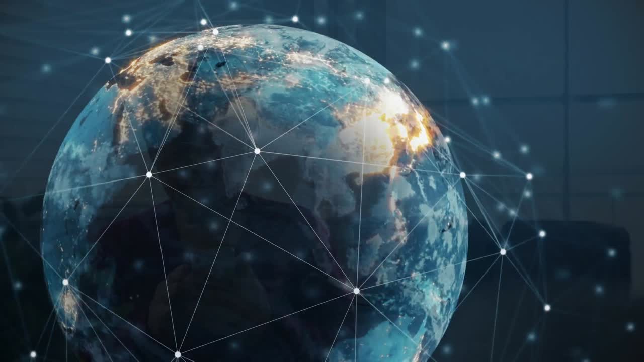 Animation of connections and globe over navy background with human silhouette
