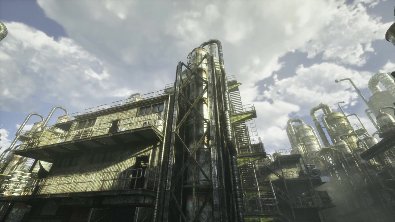 Skyscraper with winding staircase and ladder against cloudy dramatic sky