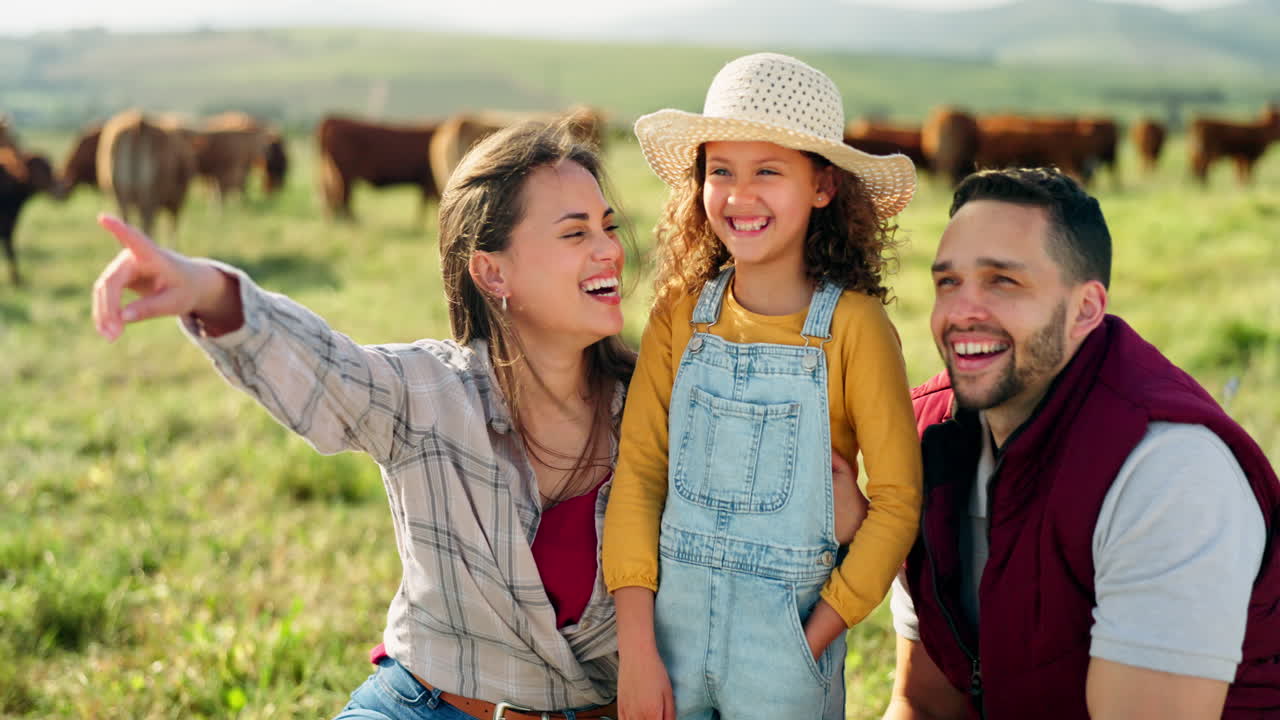 Farm, family and cattle with a girl