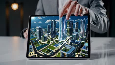 presentación empresarial de un diseño de ciudad futurista en una tableta