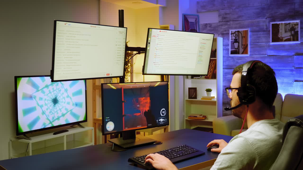 슈팅 선수권 대회 에서 헤드폰 을 들고 있는 수염 이 있는 프로 게이머