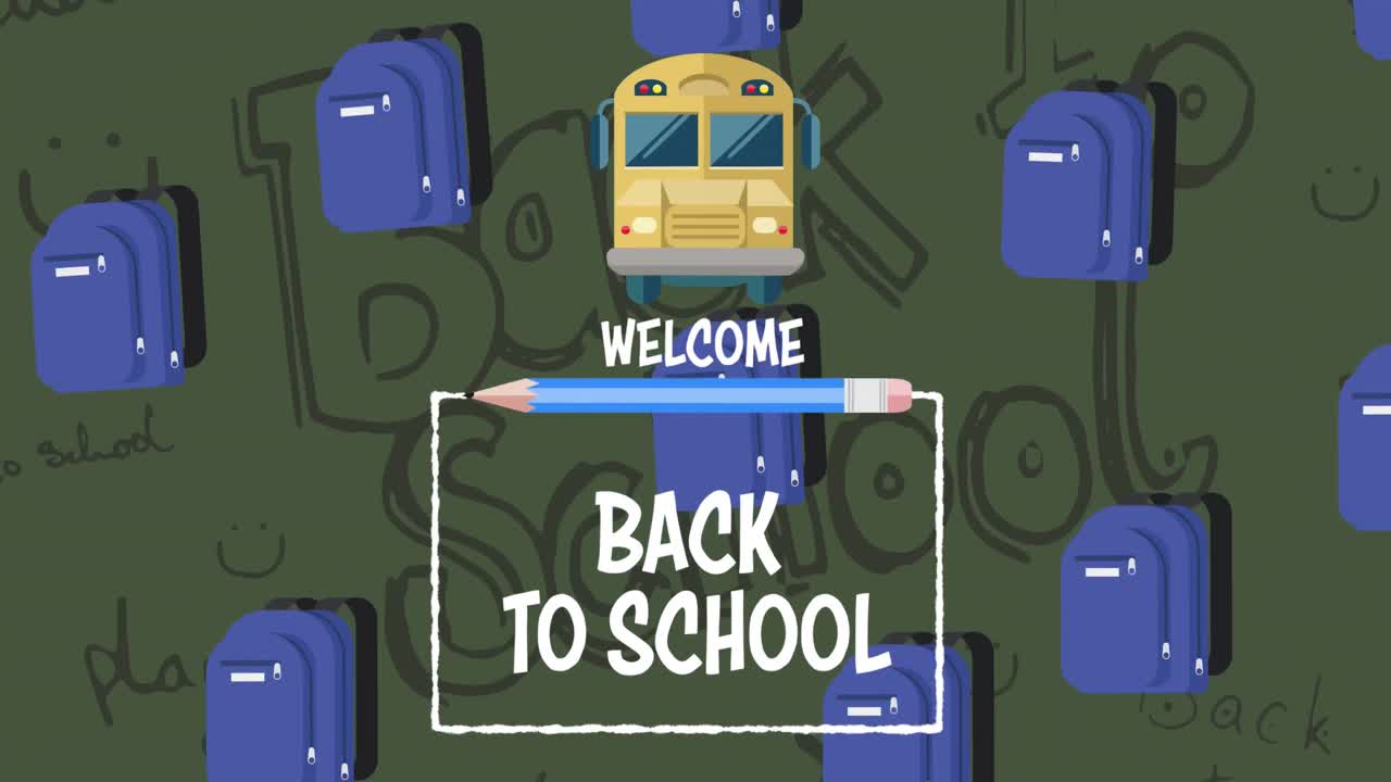 초록색 배경에 있는 학교 아이콘 위에 학교로 돌아오는 것을 환영하는 애니메이션