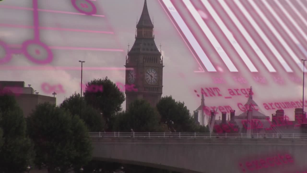 animación del procesamiento de datos estadísticos frente a la vista de la torre big ben.