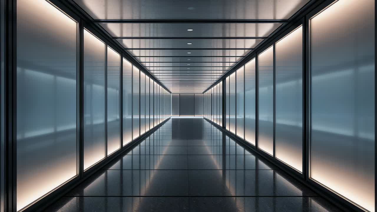 Registrazione con la camera di una sala di vetro in un ufficio, che mostra pannelli smerigliati, illuminazione LED di base, pavimento per design