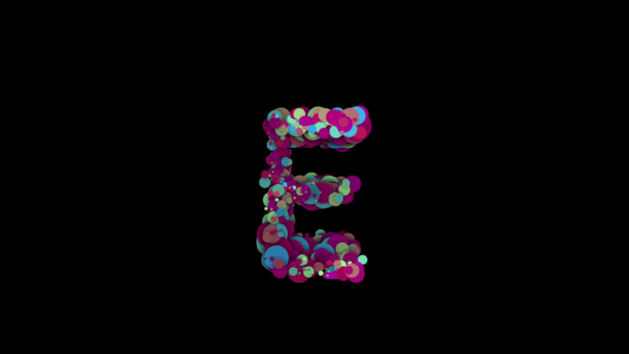 Bolle di particelle colorate che formano la lettera E su sfondo trasparente