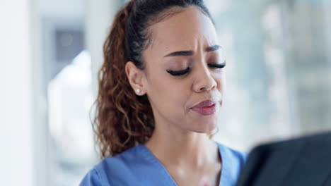 nurse, headache and tablet with woman in hospital