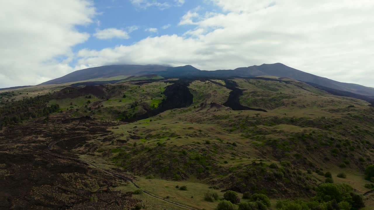 Aerial view of Etna's lava fields in Sicily, showcasing volcanic landscape