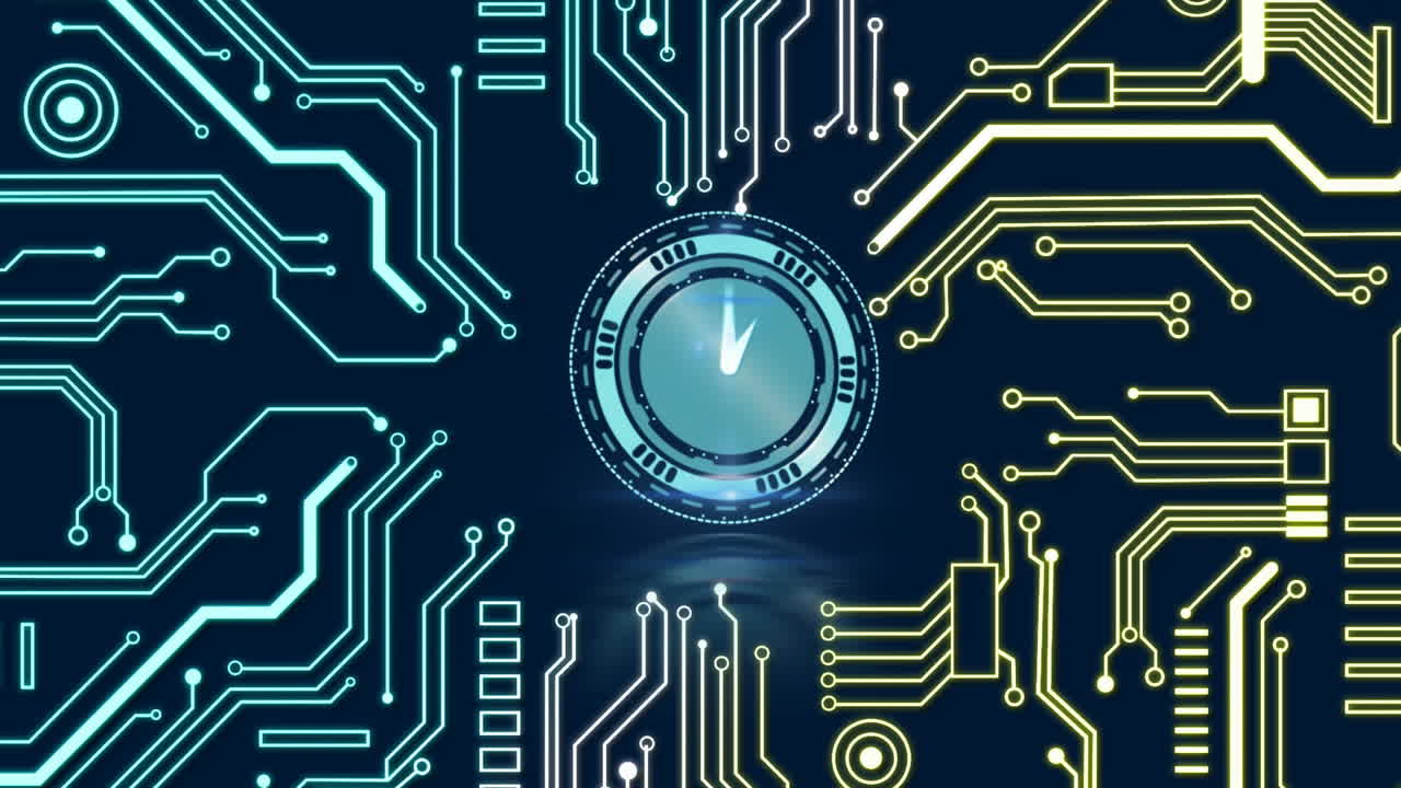 Animation of moving clock over computer circuit board on black background