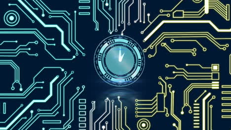 animation of moving clock over computer circuit board on black background