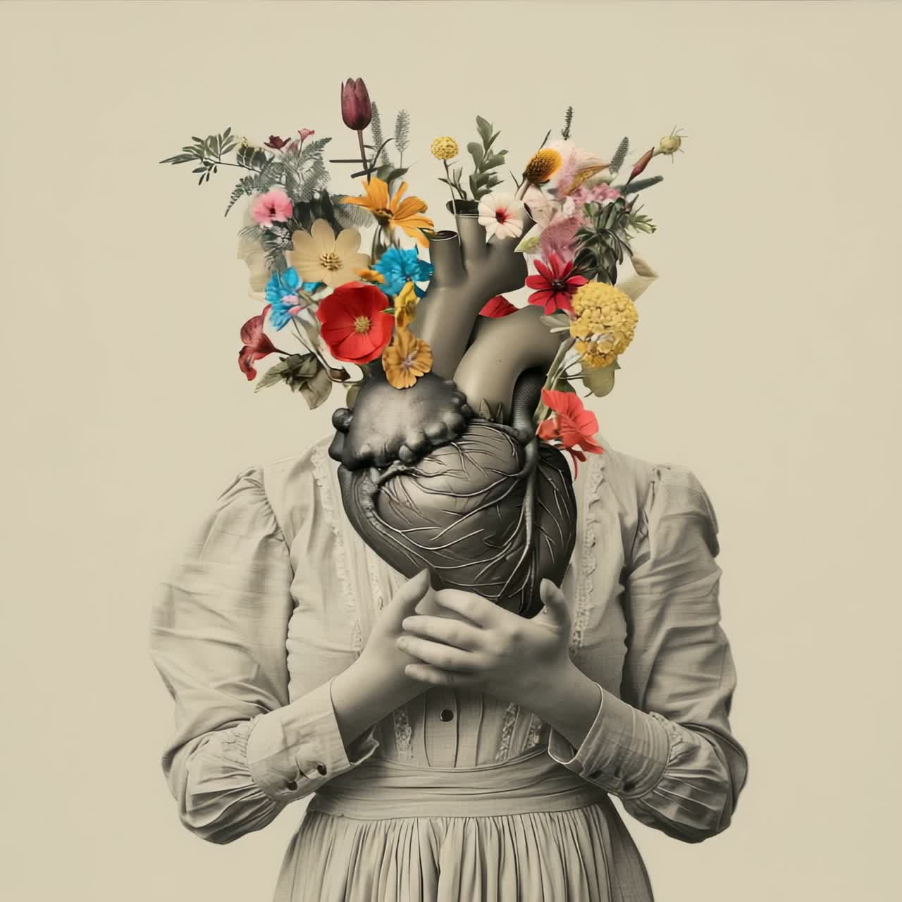 Surreal video concept of a person holding a heart blooming with flowers