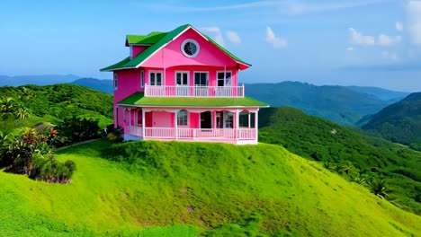 a pink house on a green hillside with mountains in the background
