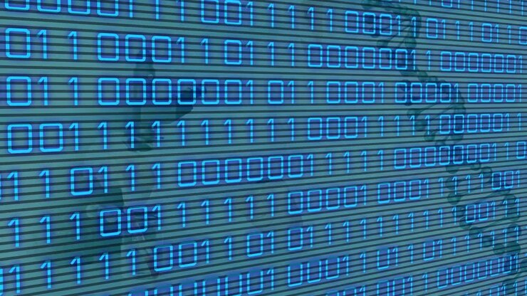 Mavi arka plan üzerinde DNA ve ikili kod animasyonu.