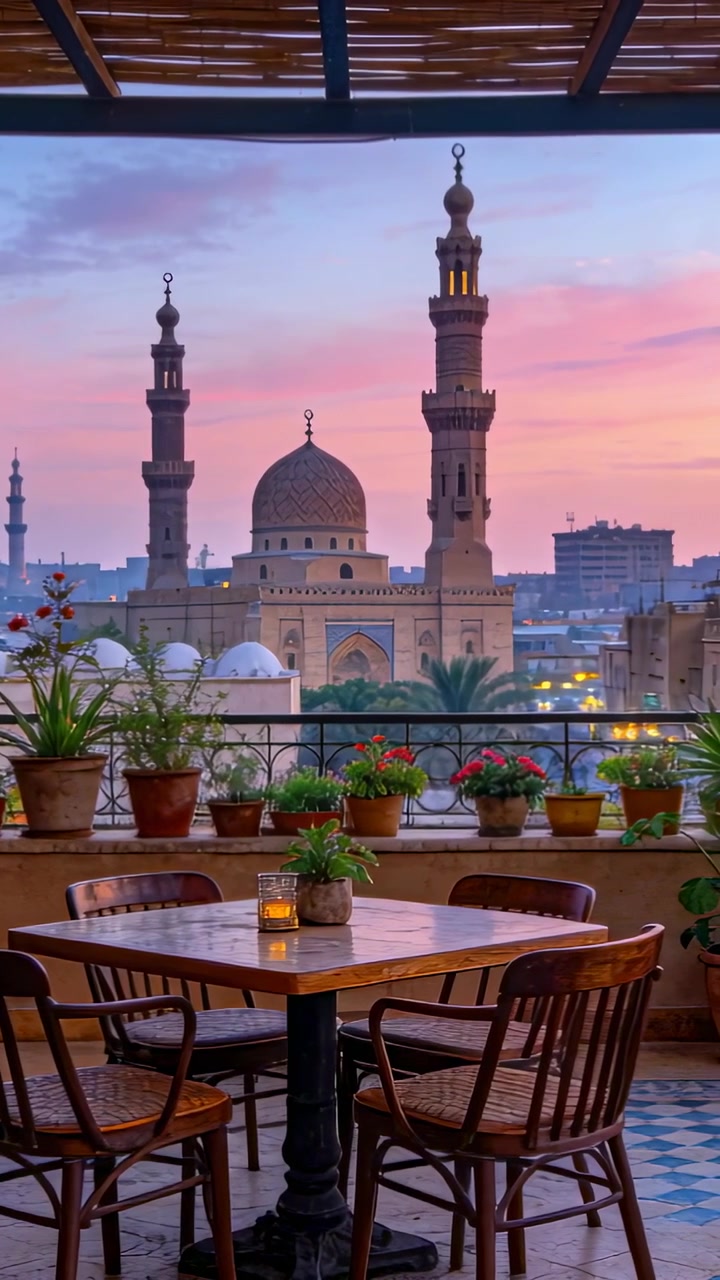Video verticale: Telecamera panoramica che reagisce al crepuscolo su una terrazza, inquadrando una moschea, con una candela da tavolo che brilla
