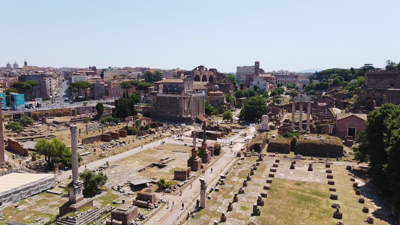 Aerial view of the Roman Forum ruins with scattered columns under the summer sun