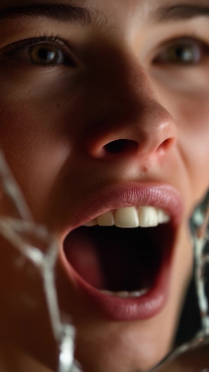 Expressão de Emoção: Um Close-Up do Rosto de uma Mulher em Exuberância Pura Capturado Através do Reflexo Quebrado de um Vidro Durante um Momento Intenso de Expressão.