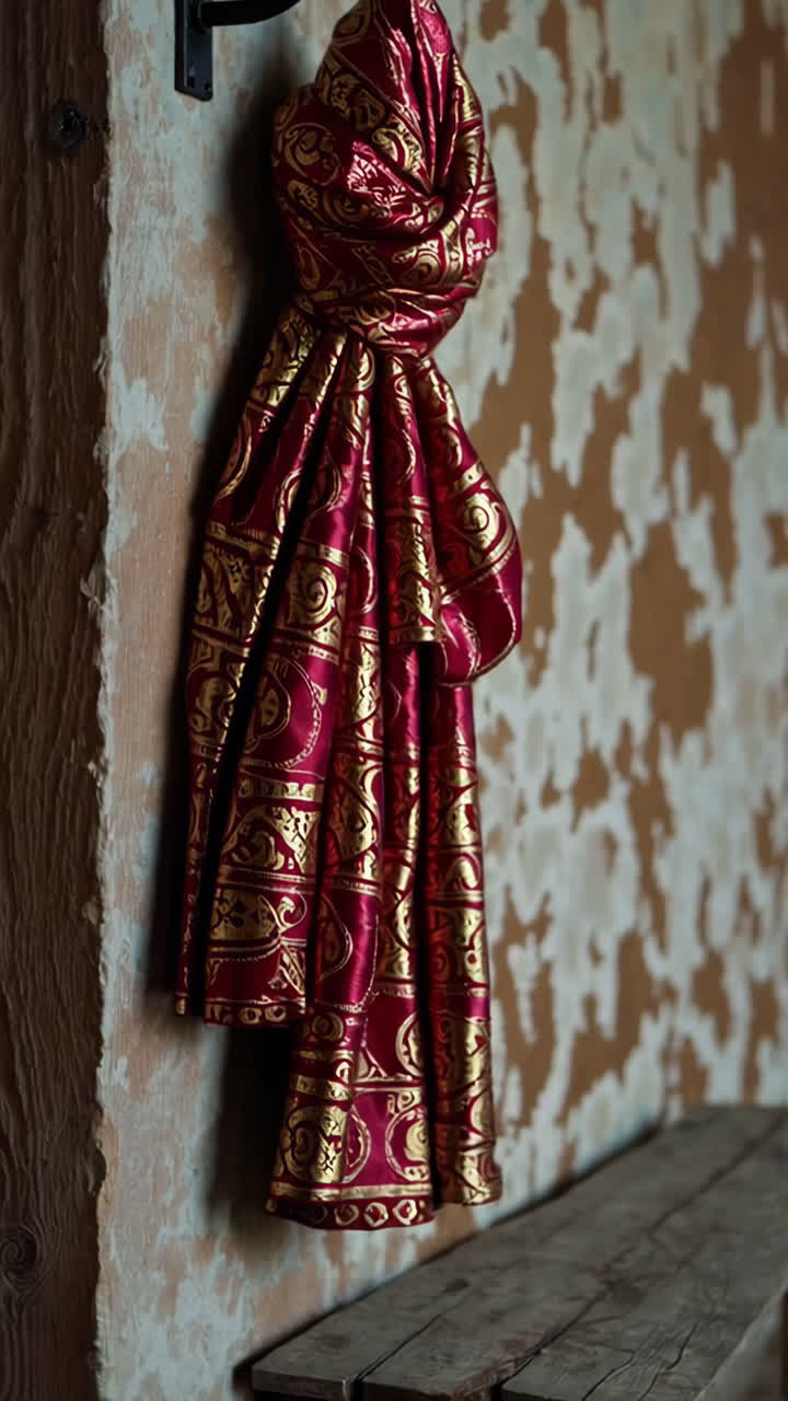 Red Fabric Scarf Hanging on Rustic Wall with Wooden Bench