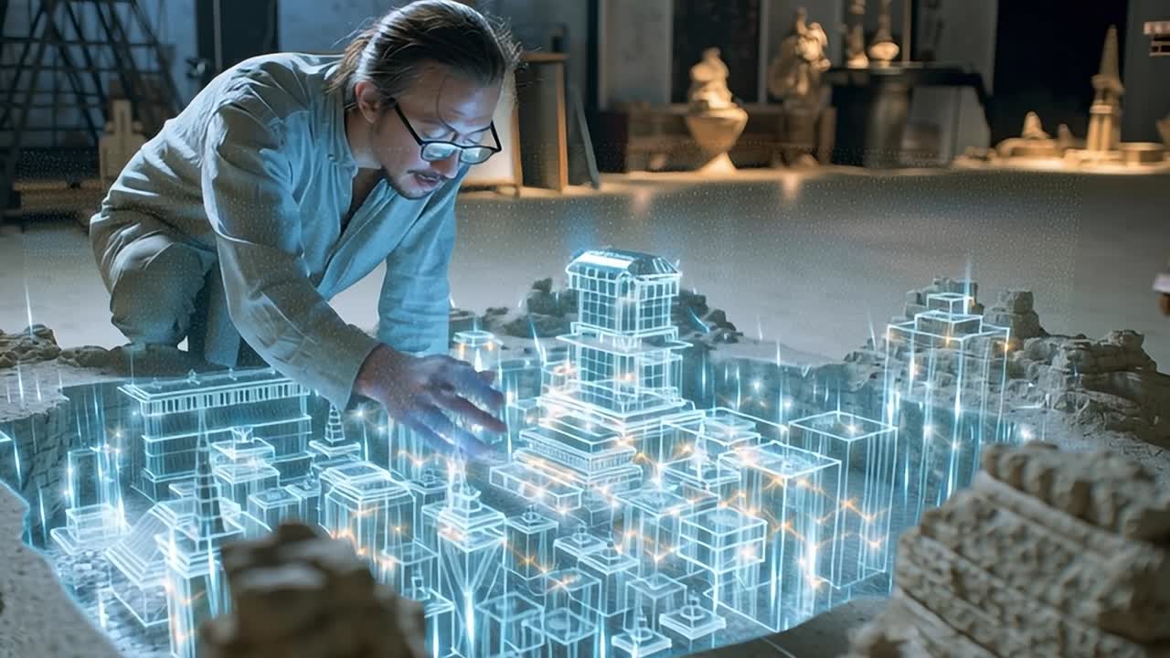 Desainer inovatif mengerjakan model kota holografik di sebuah studio.