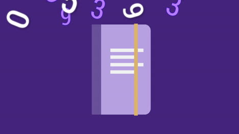 animación de números y cuaderno en fondo púrpura