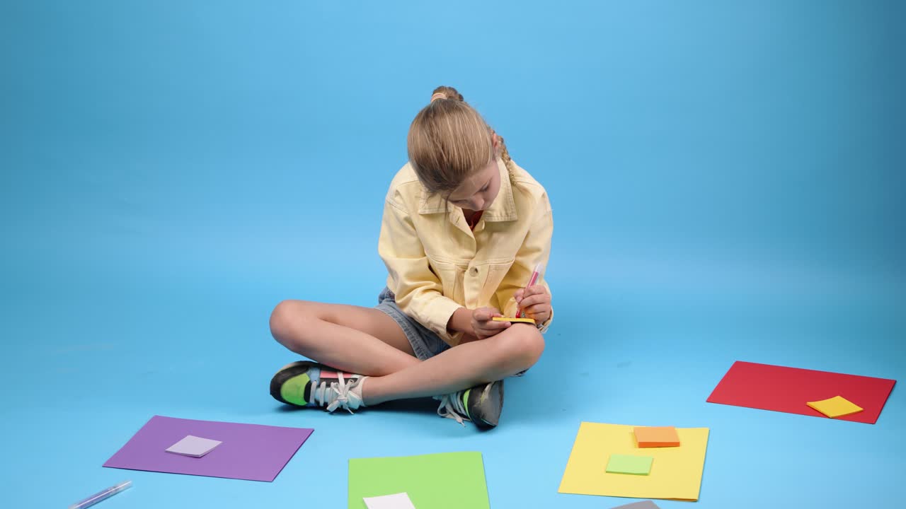 Ragazza che scrive appunti su carta colorata