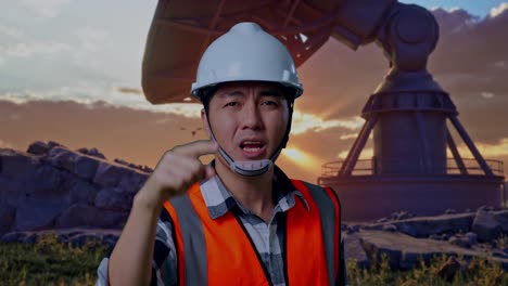 close up of angry asian male engineer with safety helmet shouting at someone while standing with large satellite dish