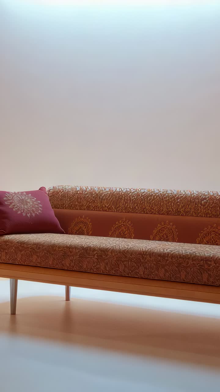 Vertical video: Panning camera capturing upholstered bench in lounge, documenting pink pillow