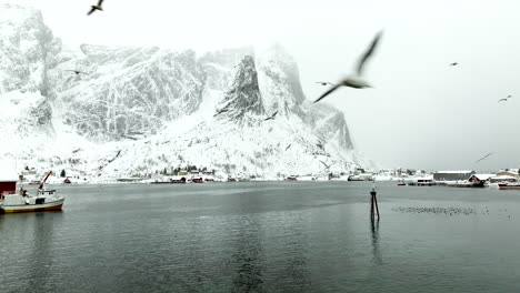 Majestic-imposing-snowy-mountains-next-to-Norwegian-fishing-village